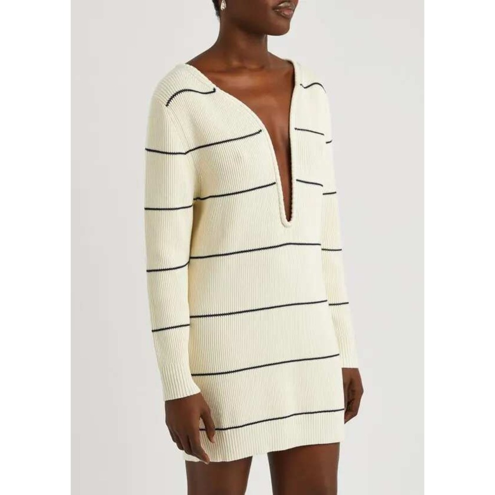 NWOT Victoria Beckham Cream Navy Stripe Deep V‎ Ribbed Knit Sweater Dress XS